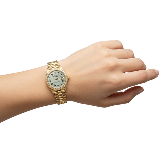 Quadrante bianco romano Lunetta con diamanti Rolex Datejust Orologio presidente stile Oro giallo P2