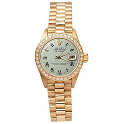 Quadrante bianco romano Lunetta con diamanti Rolex Datejust Orologio presidente stile Oro giallo