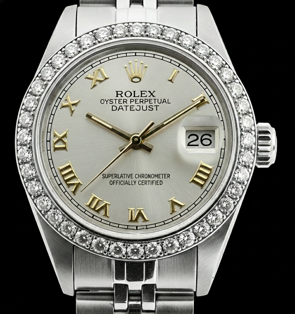 Quadrante bianco romano Rolex da donna Bracciale Datejust con diamanti Lunetta