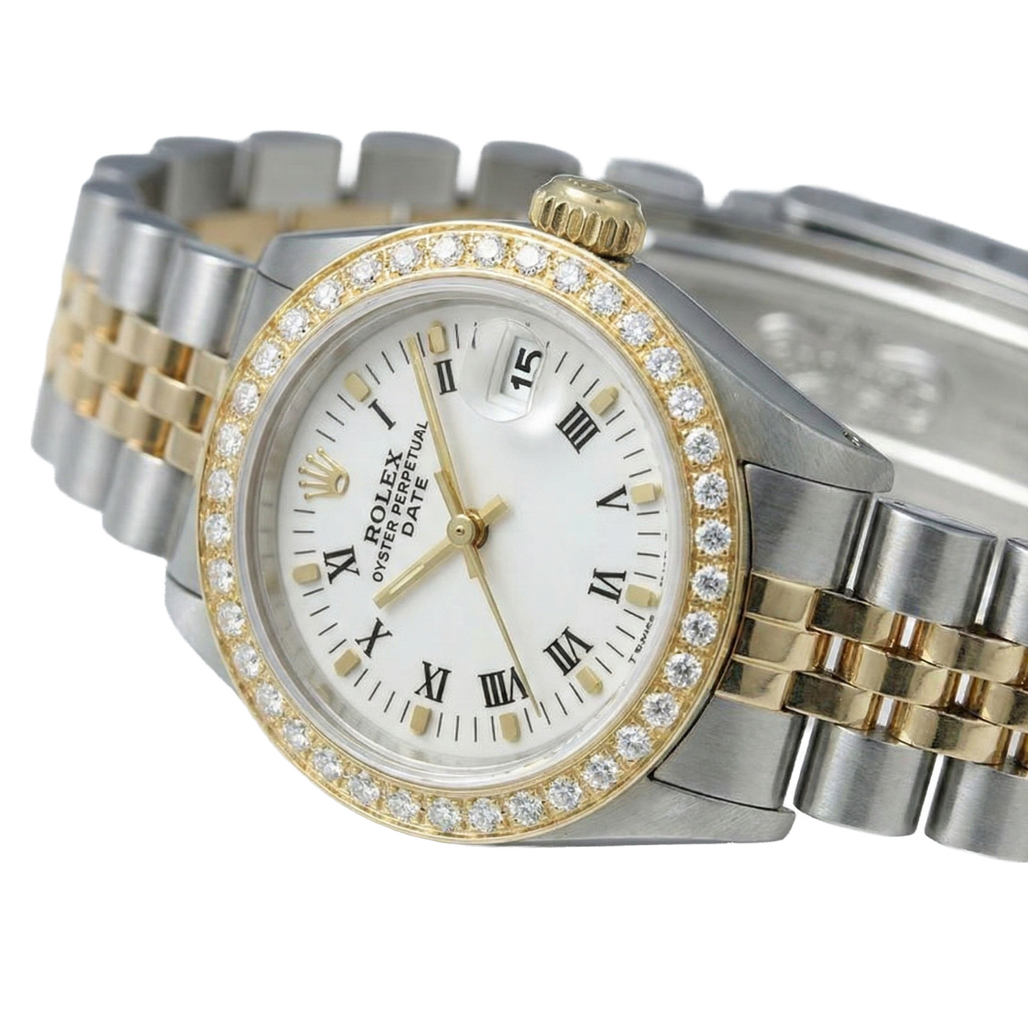 Quadrante bianco romano con lunetta in diamanti Rolex Date Orologio da donna bicolore Giubileo
