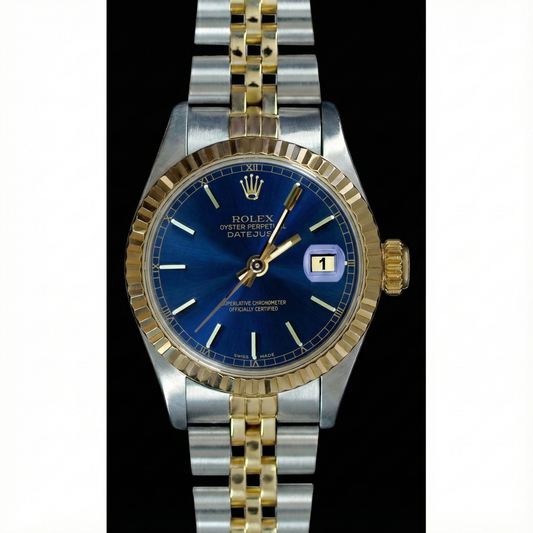 Quadrante blu con lunetta scanalata Datejust Rolex Orologio da donna Acciaio inossidabile e oro