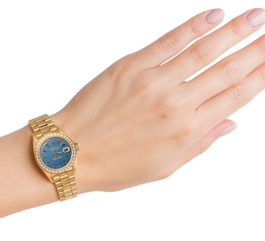 Quadrante blu con quadrante blu Rolex Datejust Orologio con lunetta presidenziale in oro con diamanti P2