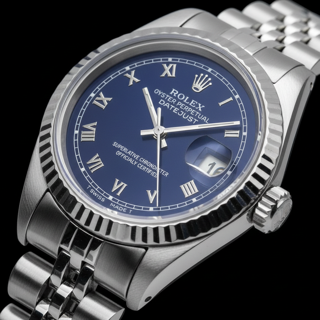 Quadrante blu romano con lunetta scanalata Orologio Rolex Datejust da donna in acciaio inossidabile