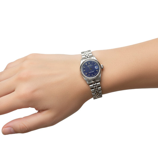 Quadrante blu romano con lunetta scanalata Orologio Rolex Datejust da donna in acciaio inossidabile P2