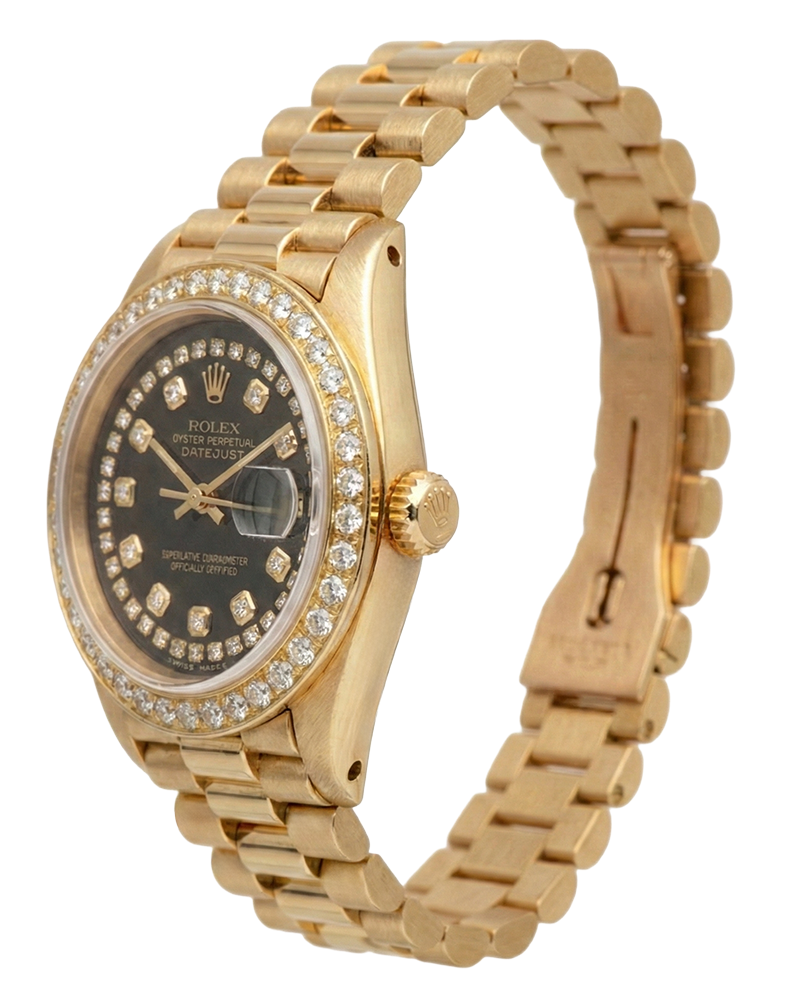 Quadrante con diamanti a corda nera Orologio Rolex Presidente Datejust Lunetta con diamanti