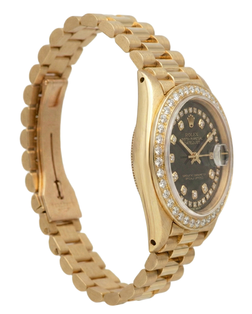 Quadrante con diamanti a corda nera Orologio Rolex Presidente Datejust Lunetta con diamanti