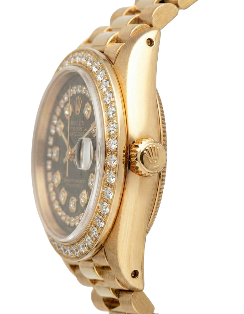 Quadrante con diamanti a corda nera Orologio Rolex Presidente Datejust Lunetta con diamanti