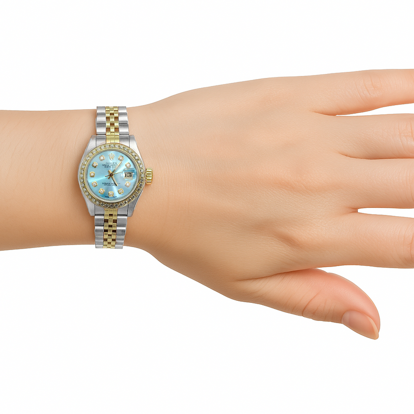 Quadrante con diamanti blu e lunetta Orologio da donna Rolex Date Just Acciaio inossidabile e oro