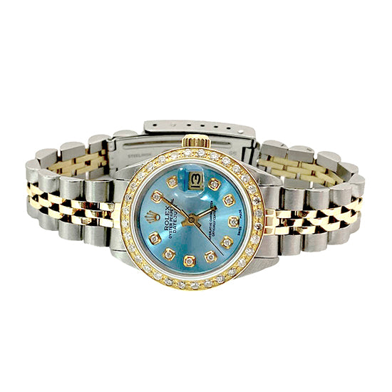 Quadrante con diamanti blu e lunetta Orologio da donna Rolex Date Just Acciaio inossidabile e oro