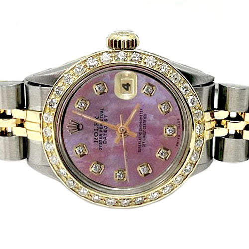 Quadrante con diamanti bordeaux, lunetta, acciaio inossidabile e bracciale Jubilee in oro, Rolex da donna