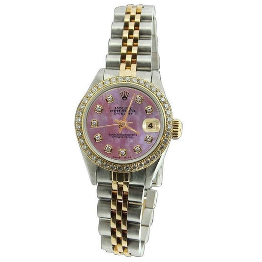 Quadrante con diamanti bordeaux, lunetta, acciaio inossidabile e bracciale Jubilee in oro, Rolex da donna
