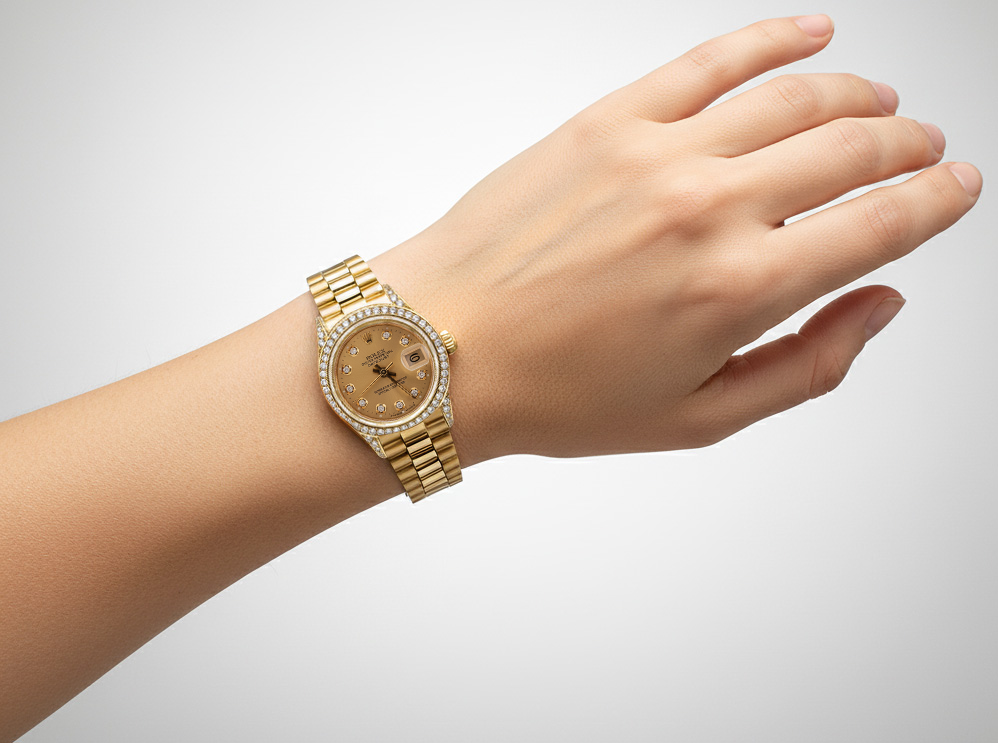 Quadrante con diamanti champagne, lunetta, orologio Rolex Datejust stile presidenziale P2