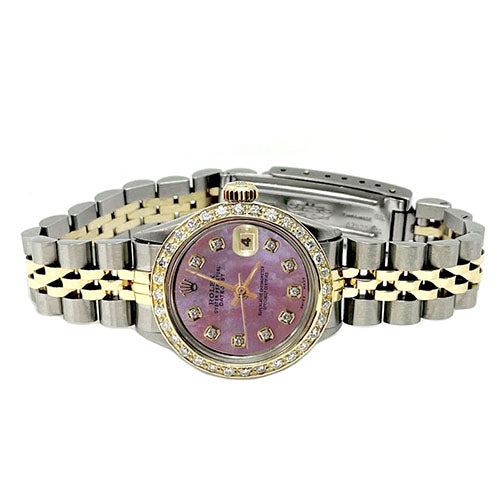 Quadrante con diamanti rosa, lunetta, acciaio inossidabile e bracciale giubileo in oro, Rolex da donna