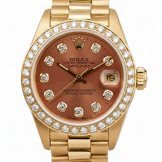 Quadrante in diamanti color salmone con lunetta Orologio Rolex in stile presidenziale Datejust