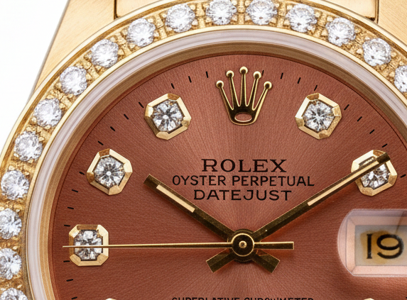 Quadrante in diamanti color salmone con lunetta Orologio Rolex in stile presidenziale Datejust