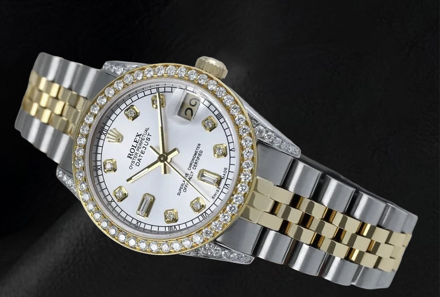 Quadrante in madreperla Orologio Rolex Datejust Lunetta personalizzata con diamanti Acciaio inossidabile e oro