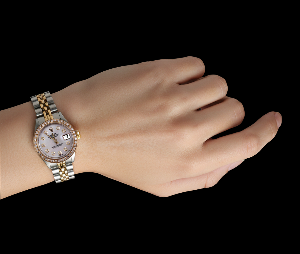 Quadrante in madreperla bianca con diamanti e lunetta Orologio da donna Rolex Datejust in acciaio inossidabile e oro P5