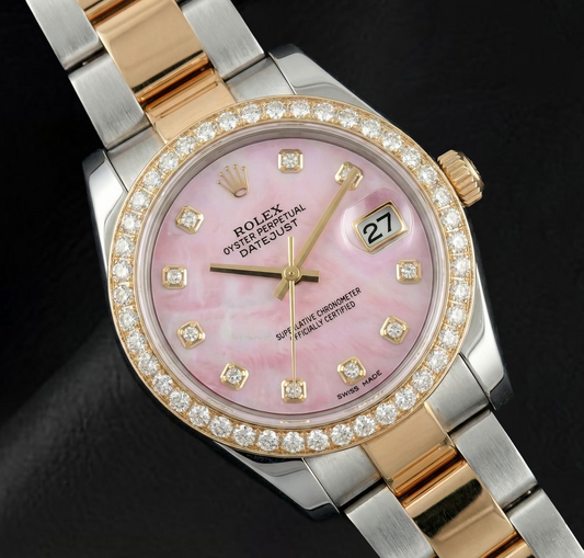 Quadrante in madreperla rosa con diamanti Orologio Rolex Datejust bicolore da 36 mm Bracciale Oyster