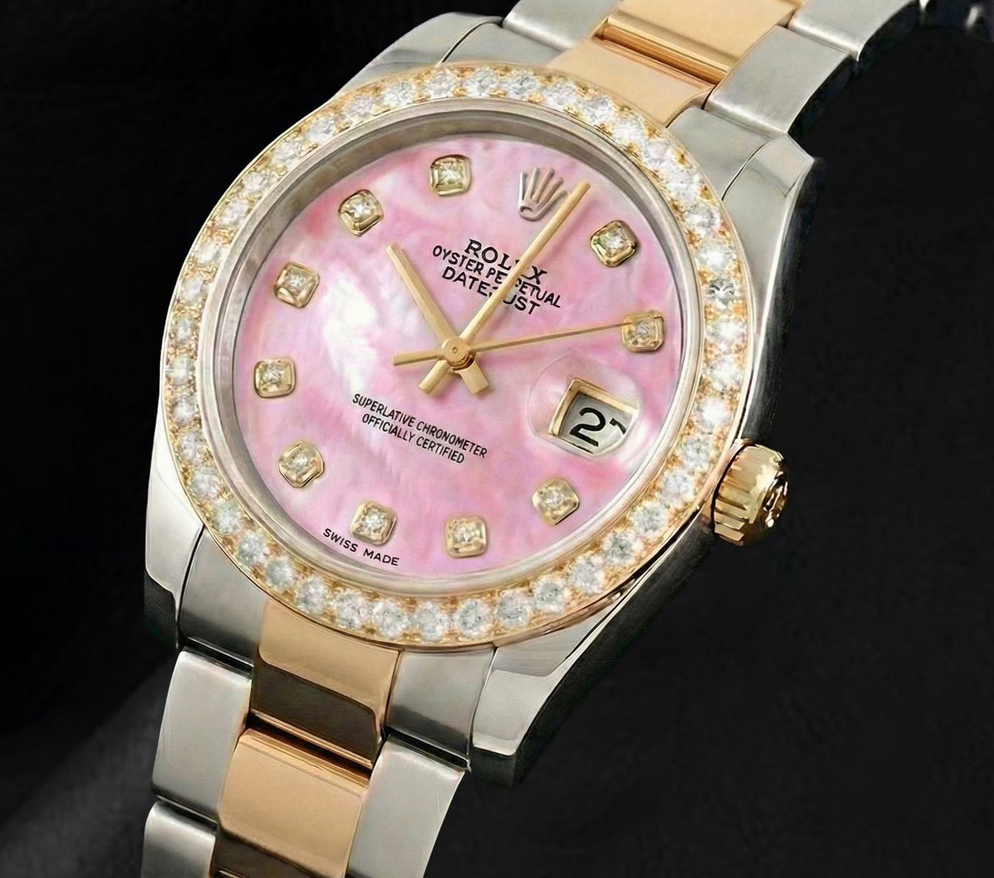 Quadrante in madreperla rosa con diamanti Orologio Rolex Datejust bicolore da 36 mm Bracciale Oyster