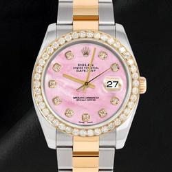 Quadrante in madreperla rosa con diamanti Orologio Rolex Datejust bicolore da 36 mm Bracciale Oyster