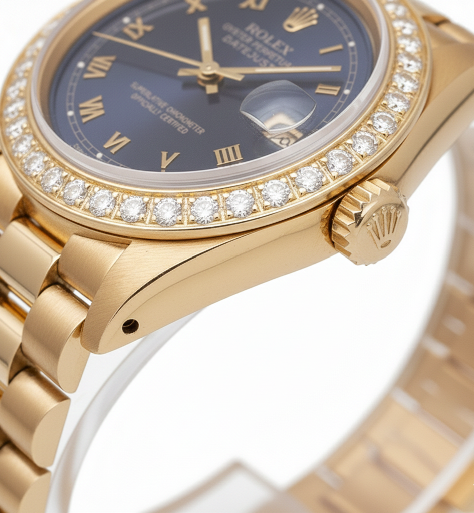 Quadrante romano blu Orologio Rolex Datejust stile presidenziale con lunetta in diamanti oro