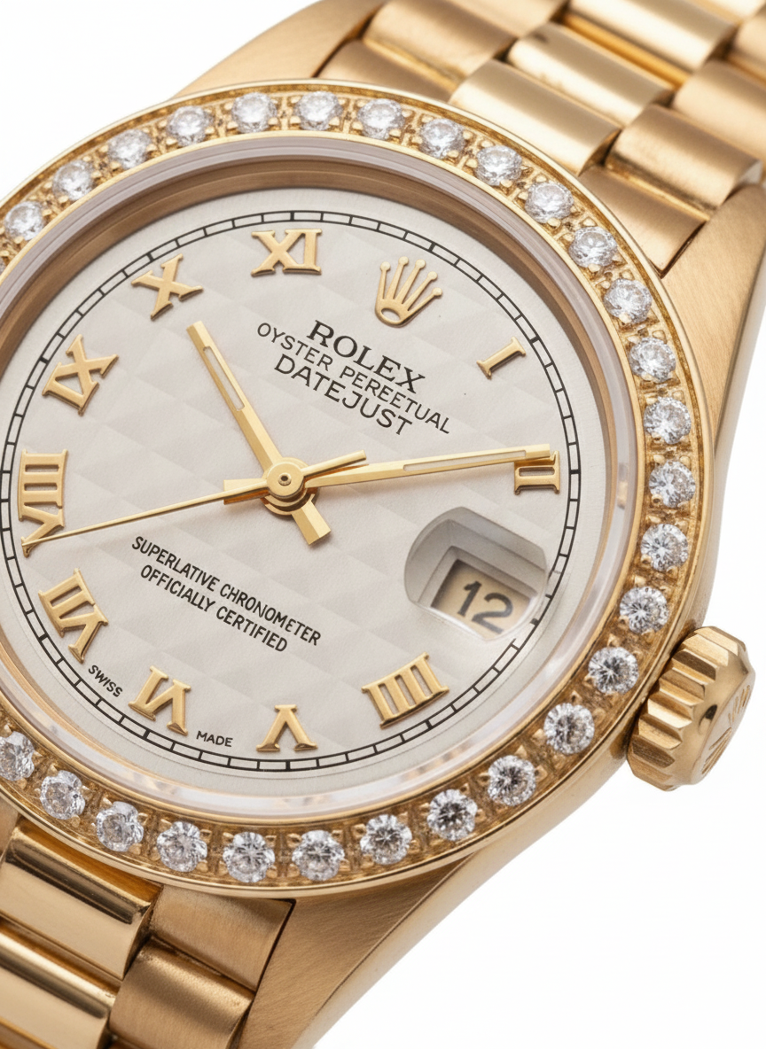 Quadrante romano con lunetta in diamanti, quadrante romano, orologio Rolex Datejust, stile presidente giallo oro
