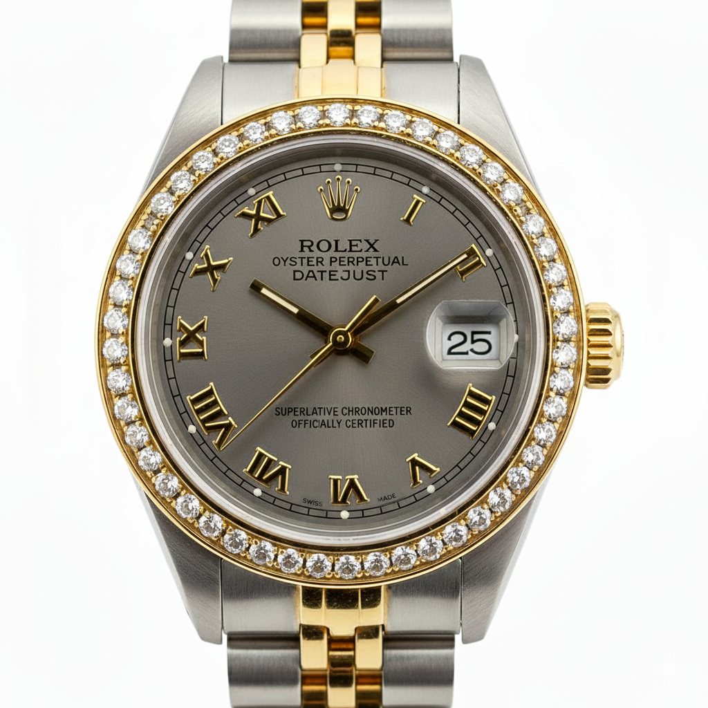 Quadrante romano grigio con lunetta in diamanti e orologio da donna Rolex in oro Datejust