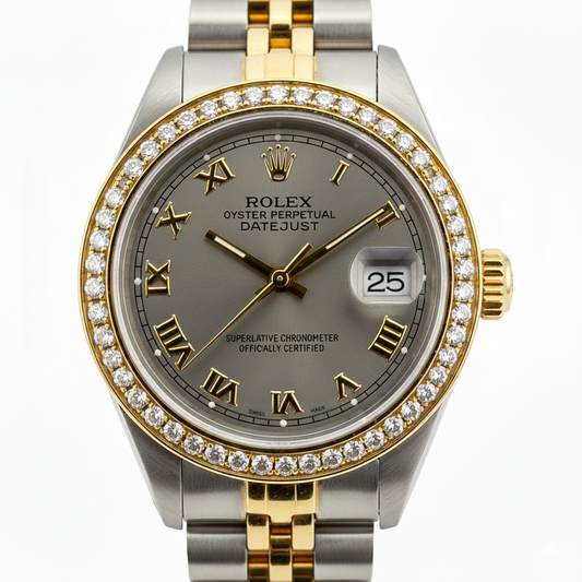 Quadrante romano grigio con lunetta in diamanti e orologio da donna Rolex in oro Datejust