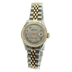 Quadrante romano grigio con lunetta in diamanti e orologio da donna Rolex in oro Datejust