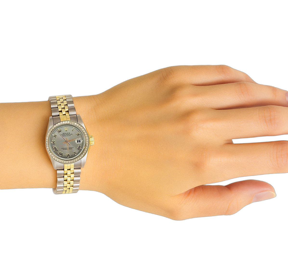 Quadrante romano grigio con lunetta in diamanti e orologio da donna Rolex in oro Datejust