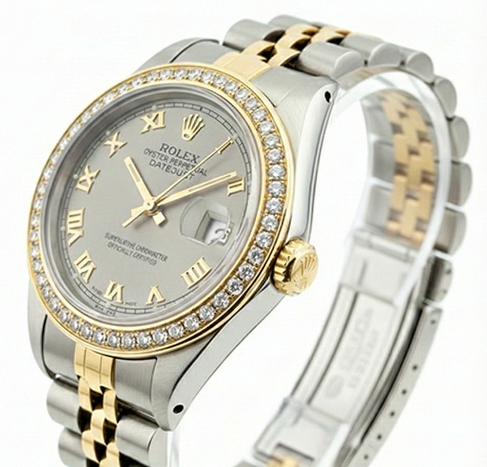 Quadrante romano grigio con lunetta in diamanti e orologio da donna Rolex in oro Datejust