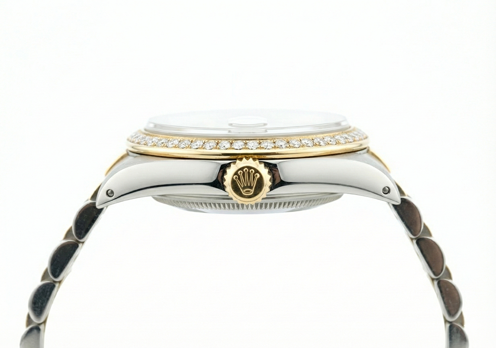 Quadrante romano grigio con lunetta in diamanti e orologio da donna Rolex in oro Datejust