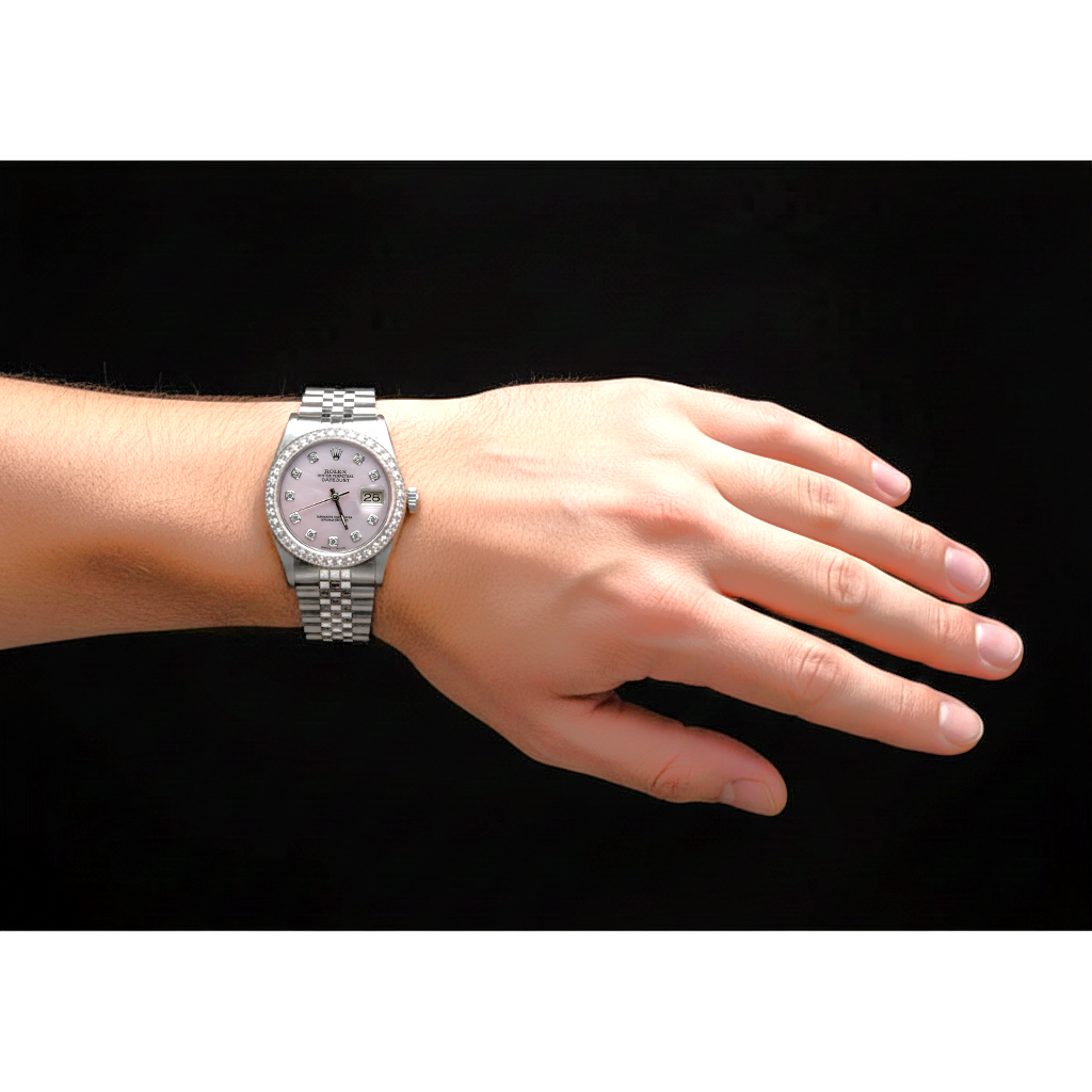 Quadrante rosa con diamanti Rolex Datejust Orologio ostrica con lunetta perpetua in diamanti con montaggio rapido