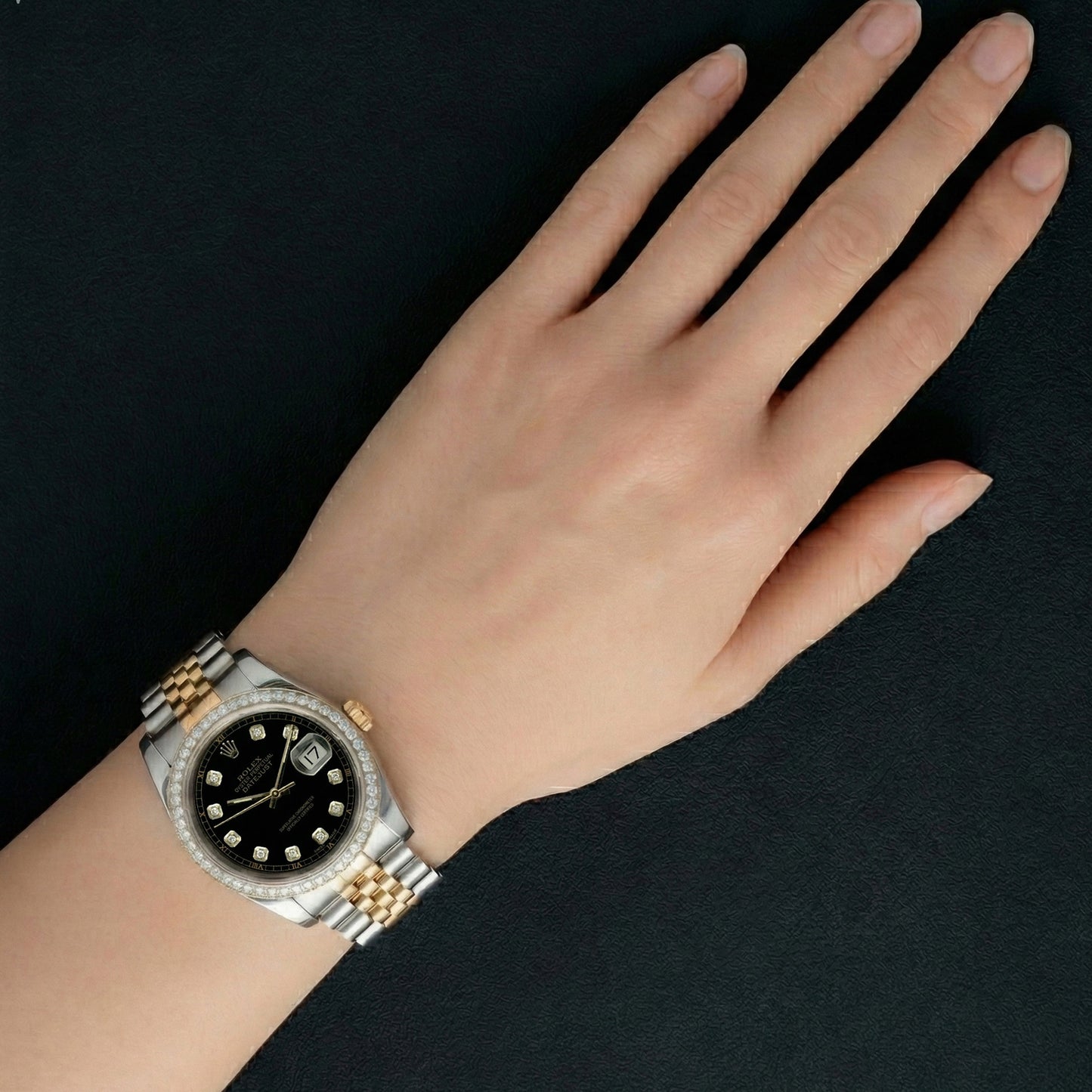 Rolex Datejust presa rapida Senza fori Lunetta con diamanti Quadrante nero Bracciale in acciaio inossidabile