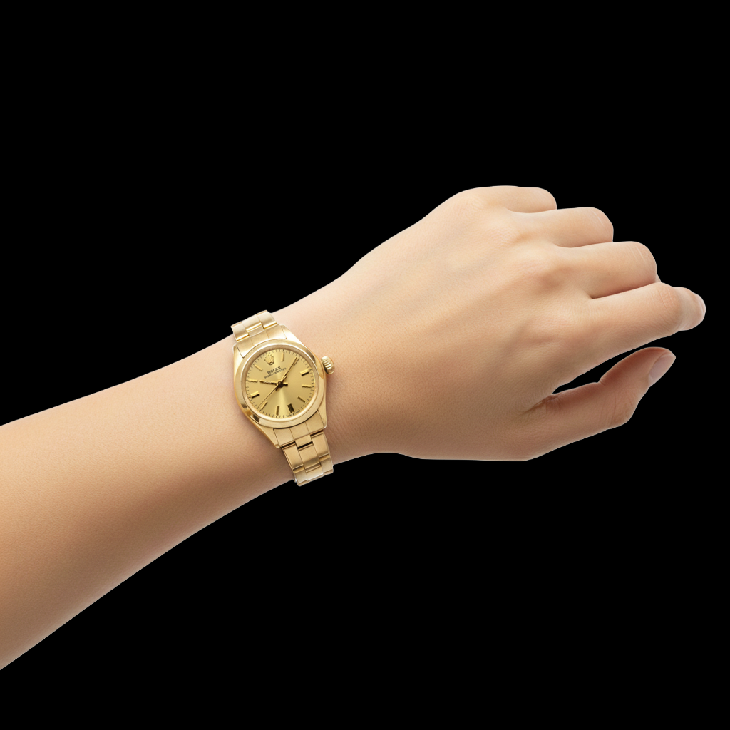 Rolex Oyster Perpetual 24 mm Orologio con quadrante a bastoncino champagne Bracciale Oyster in oro giallo