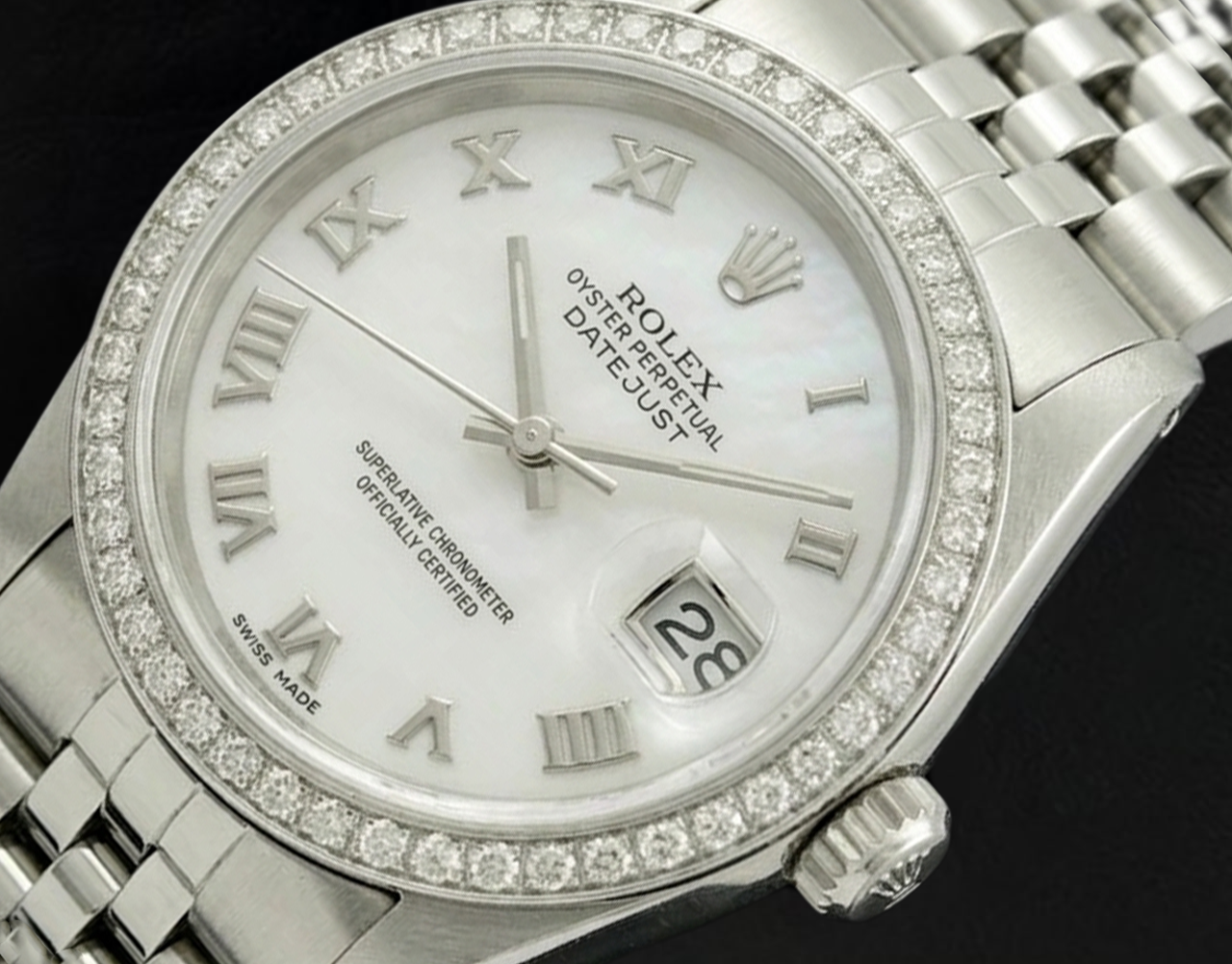 Rolex datejust madreperla bianco quadrante romano lunetta con diamanti bracciale giubileo in acciaio inossidabile impostazione rapida