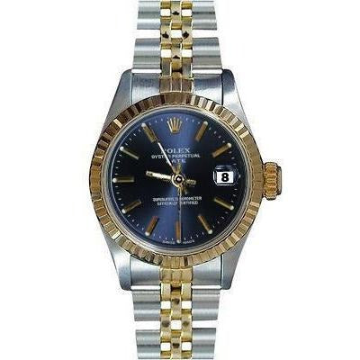 Rolex Date Watch Ss e bracciale in oro Jubilee con lunetta scanalata a bastone blu