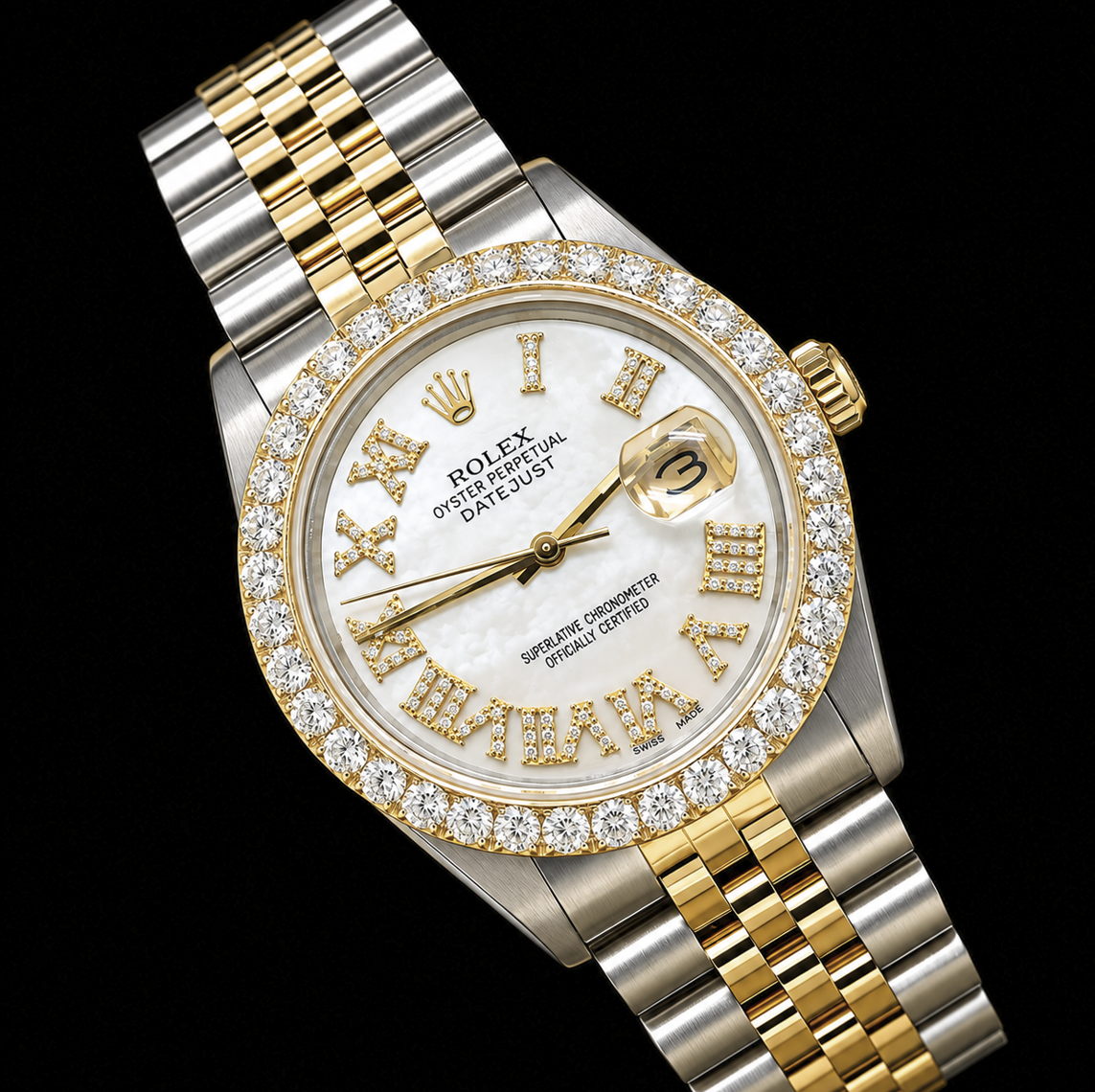Rolex Datejust 16013 36 mm Orologio Bicolore Quadrante con Diamanti in Madreperla Bianca e Numeri Romani
