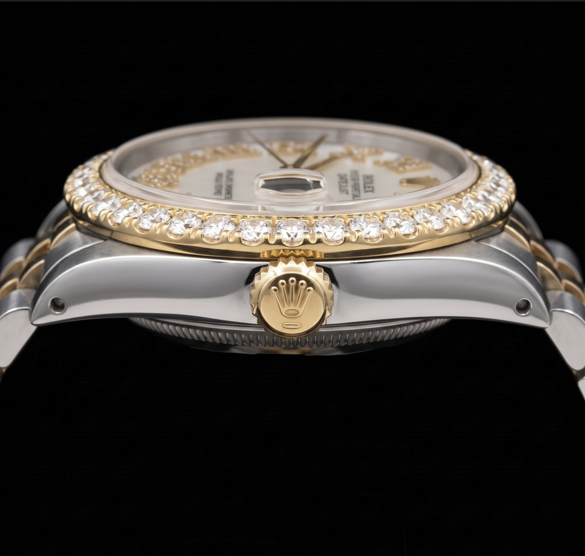 Rolex Datejust 16013 36 mm Orologio Bicolore Quadrante con Diamanti in Madreperla Bianca e Numeri Romani