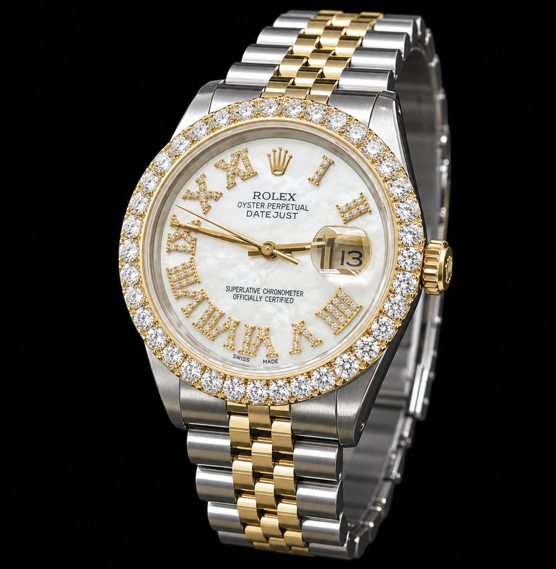 Rolex Datejust 16013 36 mm Orologio Bicolore Quadrante con Diamanti in Madreperla Bianca e Numeri Romani