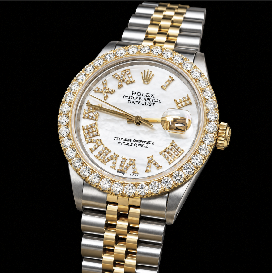 Rolex Datejust 16013 36 mm Orologio Bicolore Quadrante con Diamanti in Madreperla Bianca e Numeri Romani