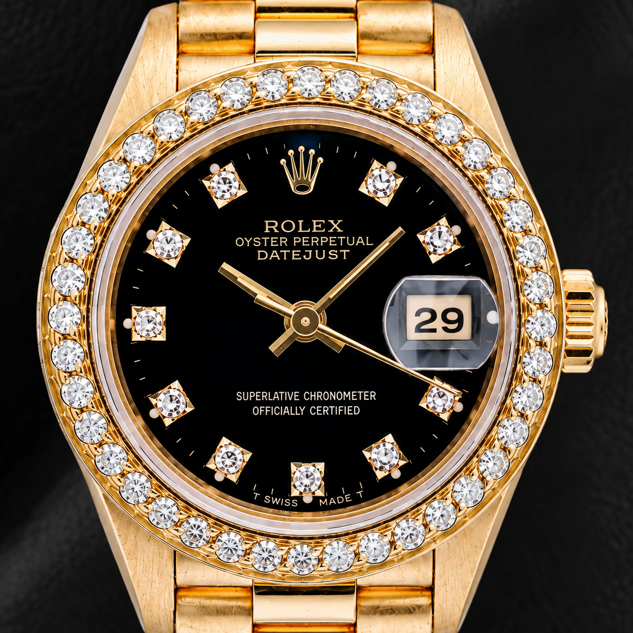 Rolex Datejust 26 mm 69178 in Oro Giallo con Quadrante Nero con Diamanti Originale e Lunetta con Diamanti