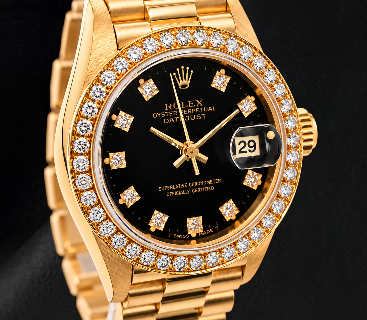 Rolex Datejust 26 mm 69178 in Oro Giallo con Quadrante Nero con Diamanti Originale e Lunetta con Diamanti