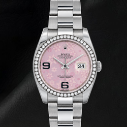 Orologio Rolex 116200 Datejust 36mm in Acciaio Inossidabile con Quadrante Floreale Rosa, Numeri Arabi e Diamanti