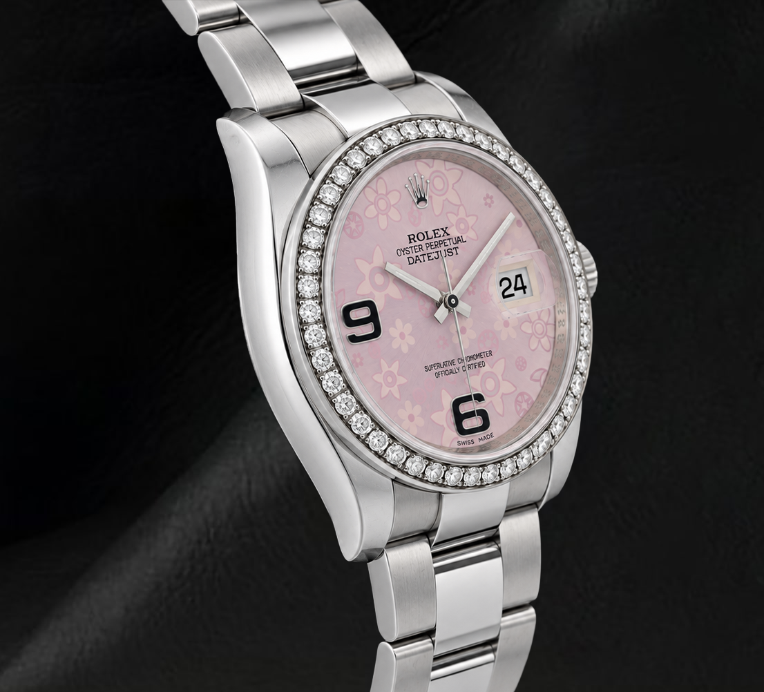 Orologio Rolex 116200 Datejust 36mm in Acciaio Inossidabile con Quadrante Floreale Rosa, Numeri Arabi e Diamanti