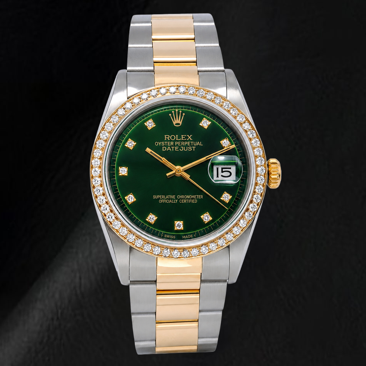 Rolex 1601 Datejust 36 mm Orologio Bicolore Quadrante con Diamanti Verde