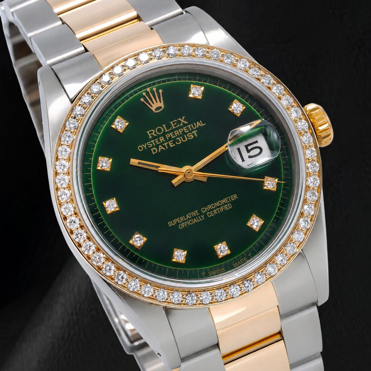 Rolex 1601 Datejust 36 mm Orologio Bicolore Quadrante con Diamanti Verde