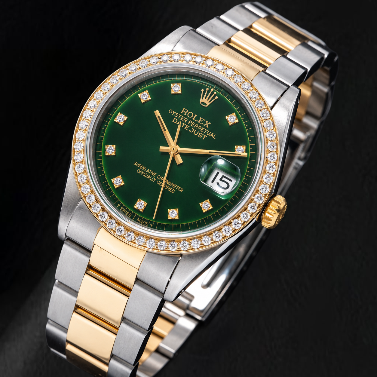 Rolex 1601 Datejust 36 mm Orologio Bicolore Quadrante con Diamanti Verde