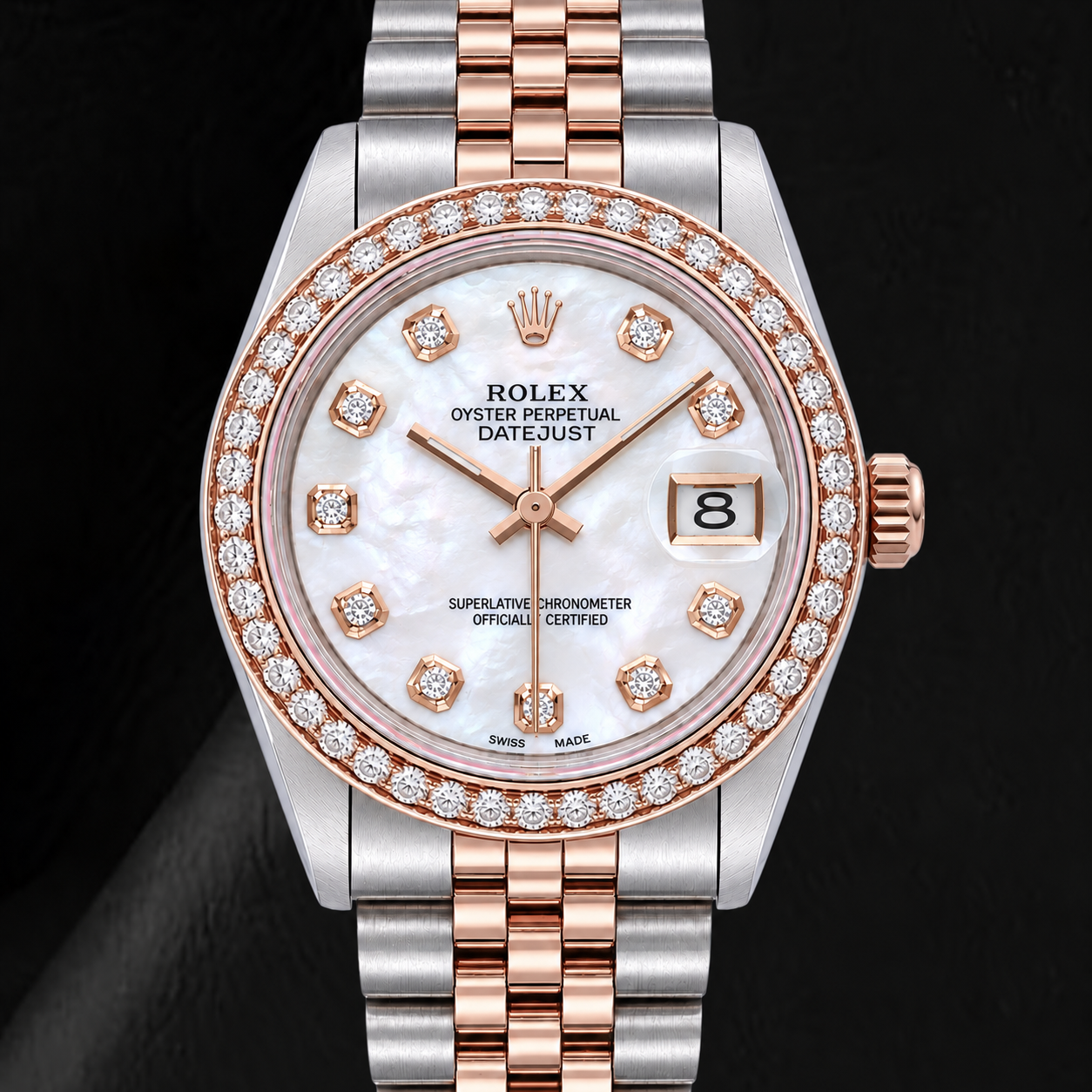 Rolex 31 mm Orologio Bicolore Quadrante con Diamanti in Madreperla Bianca