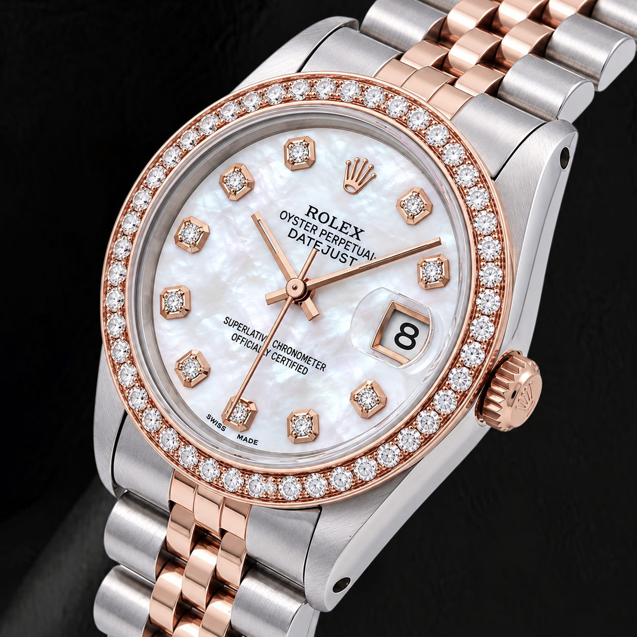 Rolex 31 mm Orologio Bicolore Quadrante con Diamanti in Madreperla Bianca